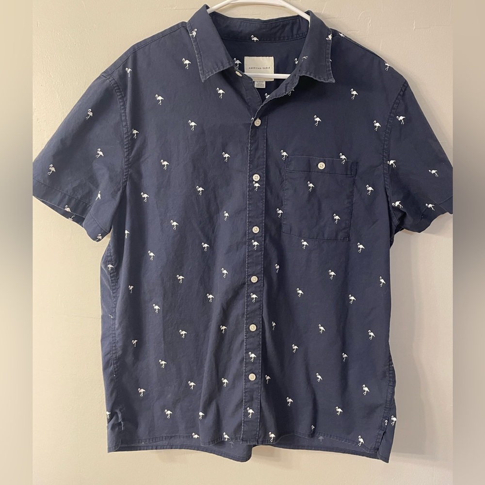 American Eagle Navy Blue Pink Flamingo XL Flex Fit Button Down Dress Shirt